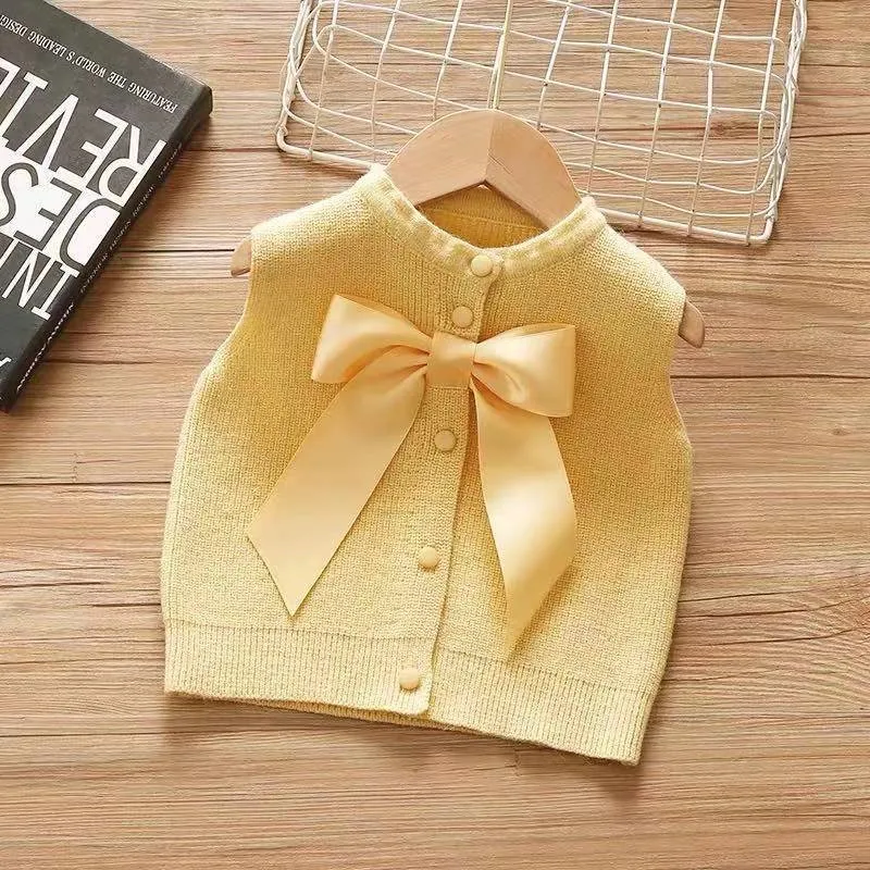 Lawadka Spring Kids Vest For Girl Fashion Bow Solid Children Cardigan Sweater Outwear Sleeveless Baby Waistcoat Clothes
