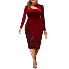 

Party Dress Plus Size 2021 Women Elegant Long Sleeve Mid Dresses Fall Winter Lady Chic Sequin Cut Out Club Gown Dress Red