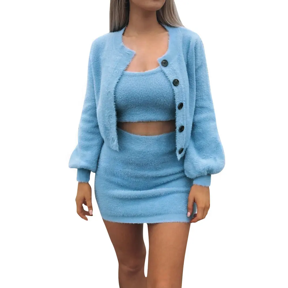 

Women Tracksuit Plush 3 Pieces Set Winter Autumn Clothes Crop Top+Cardigans+Bodycon Skirts Set Matching Suits Clothes Outfits