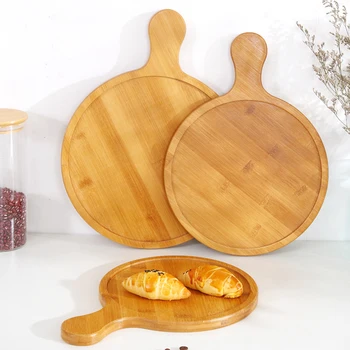 

8/10/12 Inch Wooden Pizza Board Round With Hand Pizza Baking Tray Pizza Cutting Board Platter Pizza Cake Bakeware Kitchen Tools