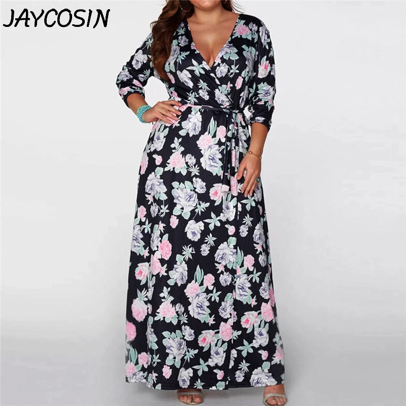 

JAYCOSIN Plus Size Women Dress Floral Print V-Neck Three Quarter Sleeve Bandage Split Loose Dress Autumn Long Dress Vestidos s5