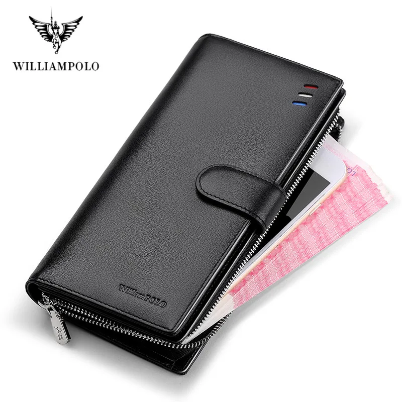 Мужской Длинный кошелек из натуральной кожи Williampolo черный модный держатель для