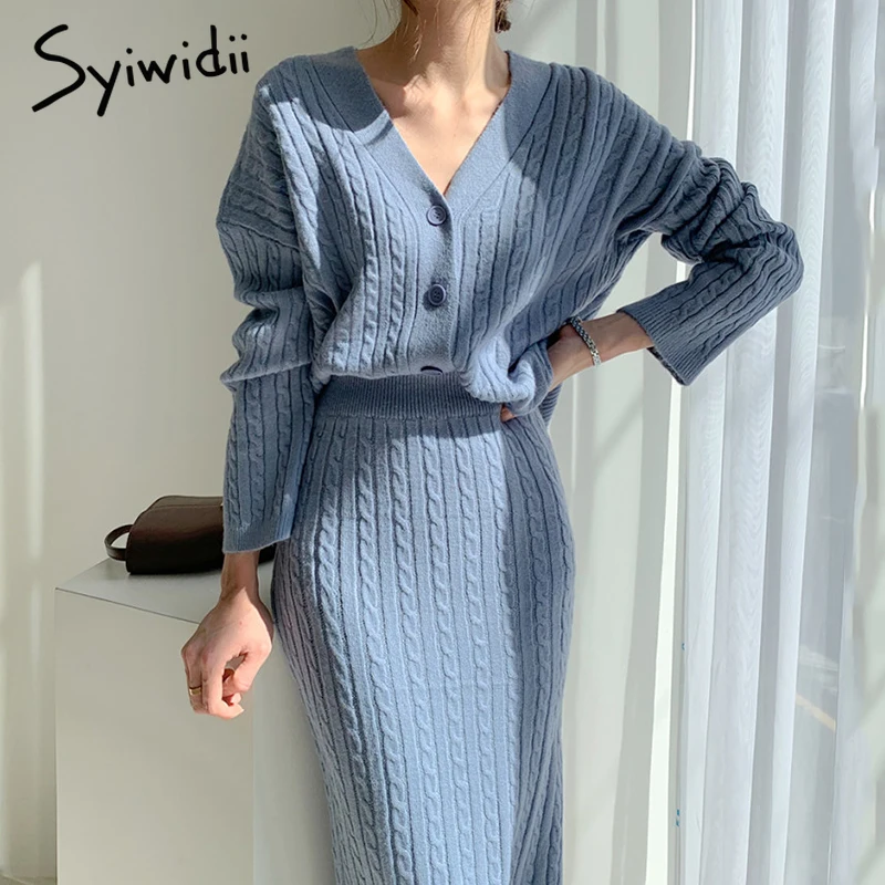 Syiwidii Knit 2 Piece Set Sweater Cardigans Midi Skirts Woman Fall Winter 2021 Elastic Band High Waist Long Skirt Office Outfits |