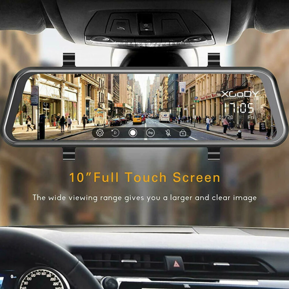 10'' Dual Lens HD1080P Car DVR Dash Cam Touch Screen Night Vision G-Sensor This dual lens dash camera is mounted