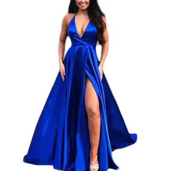 

Simple Sexy A Line Deep V Neck Sleeveless Floor To Length Burgundy Spaghetti Strap Prom Dresses Royal Blue Split Evening Gowns