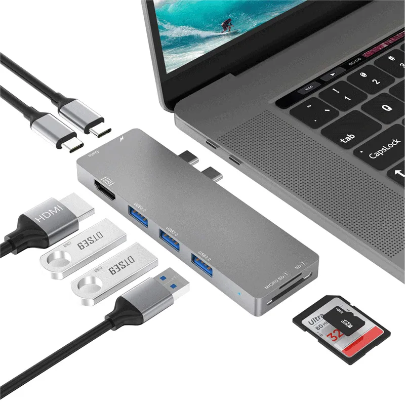 USB-C type C концентратор адаптер 8 в 1 4K-HDMI-USB 3,0-RJ45-Card считыватель PD Синхронизация данных