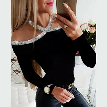 

Halter Sequins Women Office Blouse And Tops Long Sleeve Bling Ladies Shirt Blouses Spring Autumn Work Wear Female Blouses Blusas