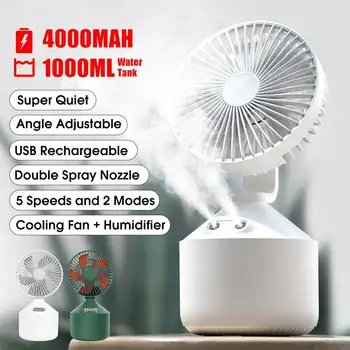 

Mini Portable Fan 4000mAh Usb Rechargeable Air Cooler Ultra Quiet 5 Speed Student Desktop Fan Double Spray Mist Humidifier Fan