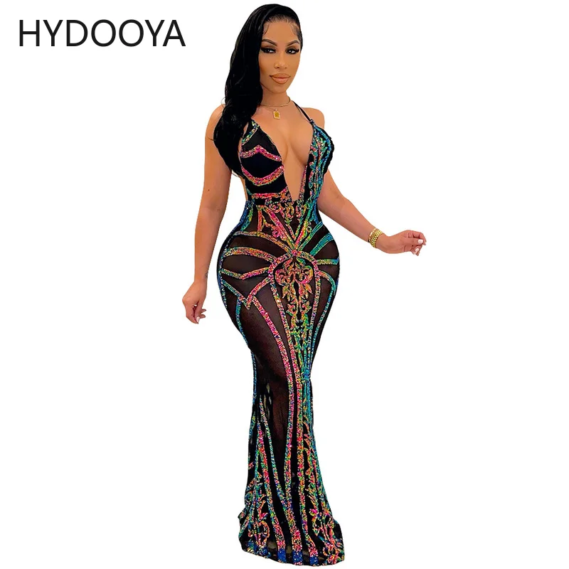 

Женское прозрачное Сетчатое платье-русалка, Привлекательное элегантное платье на бретелях-спагетти с блестками и открытой спиной, Клубные ...