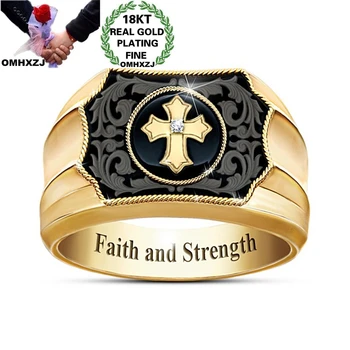 

OMHXZJ Wholesale RR1220 European Fashion Hot Fine Man Party Birthday Wedding Gift Simple Cross Faith AAA Zircon 18KT Gold Ring