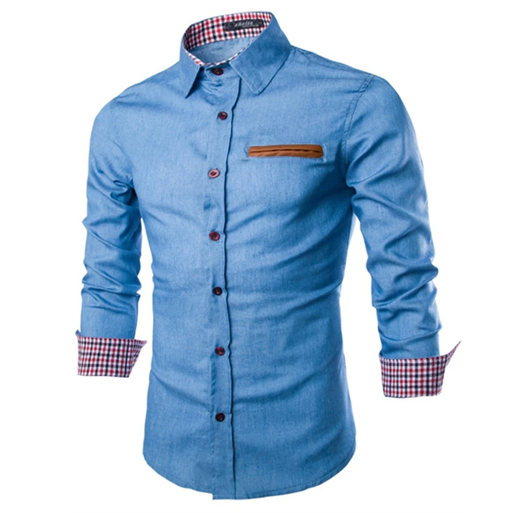 light blue Мужские джинсовые рубашки, ковбойская рубашка, повседневная приталенная рубашка с длинными рукавами, осенняя модная мужская джинсовая рубашка, Джинсовые Рубашки, Топы, размер S-XXL - Цвет: light blue