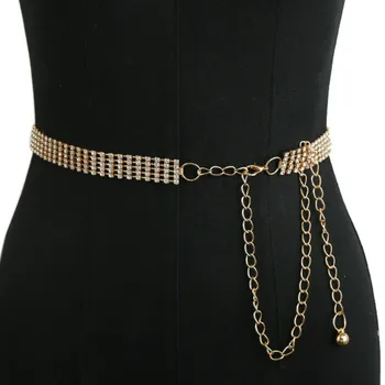 

New Female Luxury Gold Metal Waist Chain Belts for Ladies Bling 1-5 rows Crystal Dress Belt Adjustable Thin Decoration Waistband