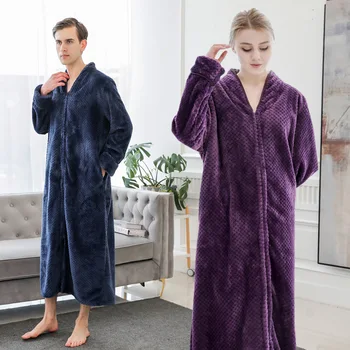 

Matching Couples Winter Sexy Bathrobe Women Flannel Warm Sleepwear Man Thick Solid Robe Long Sleeve