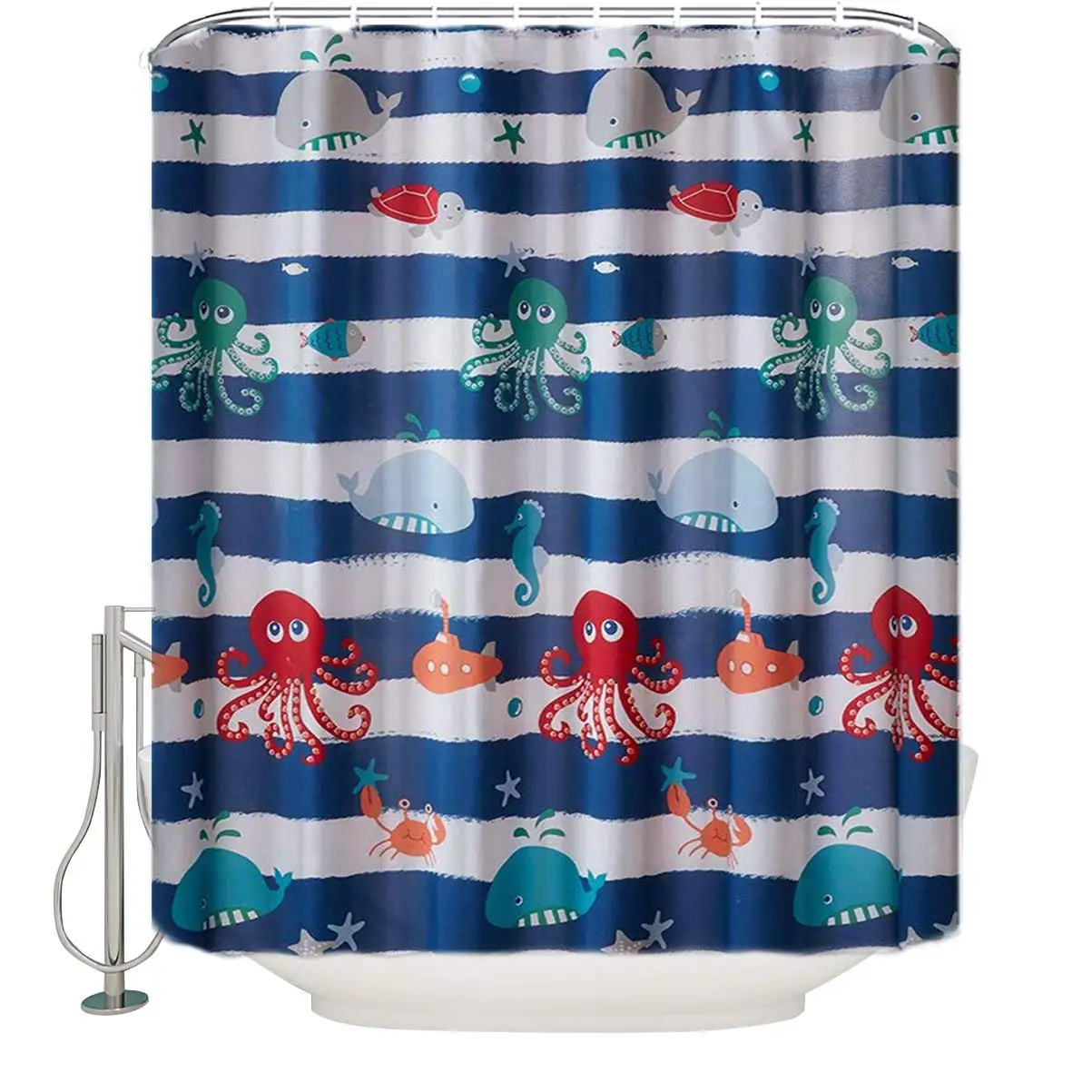 Ocean Nautical Theme Shower Curtain for Kids Navy Blue and White Sealife Animal Printed Bath Bathroom Decor | Дом и сад
