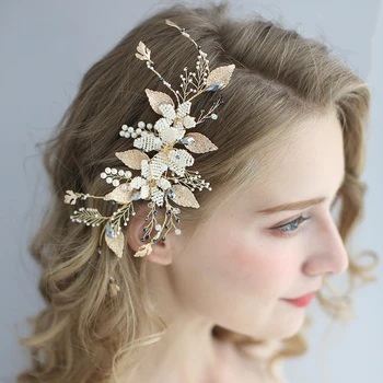 

Handmade Gold Leaf Women Headpiece Pearls Wedding Hair Jewelry Comb Beaded Bridal Jewelry Hair Piece