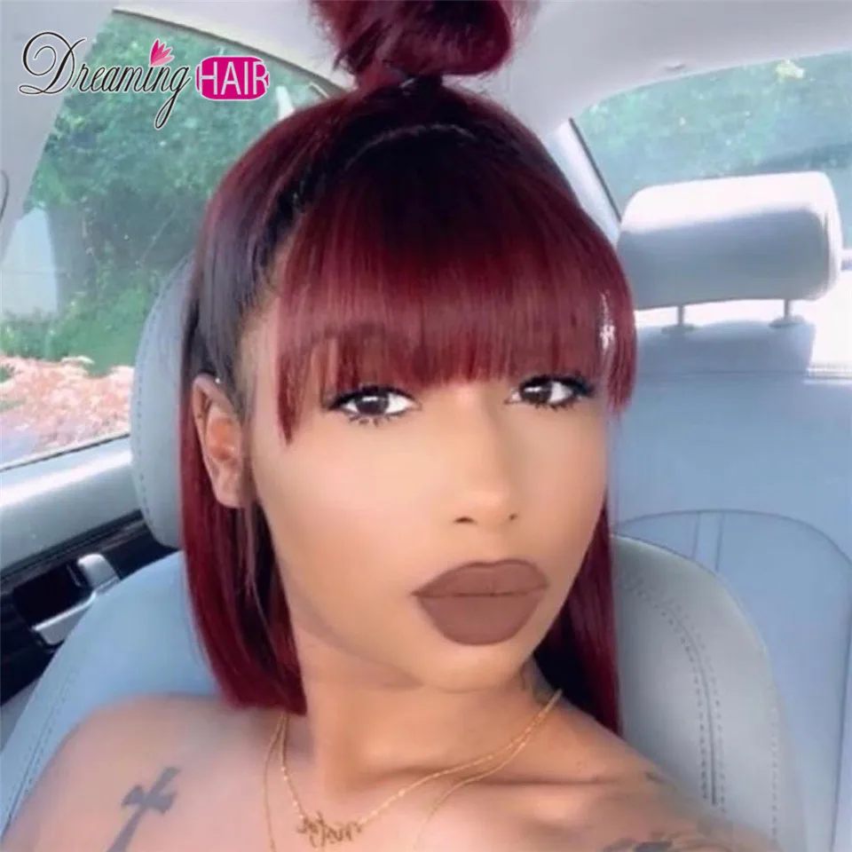 

1b 99J Short Bob Lace Front Human Hair Wigs With Bangs Brazilian Straight Red Bob Lace Front Wigs Pre Plucked For Black Women