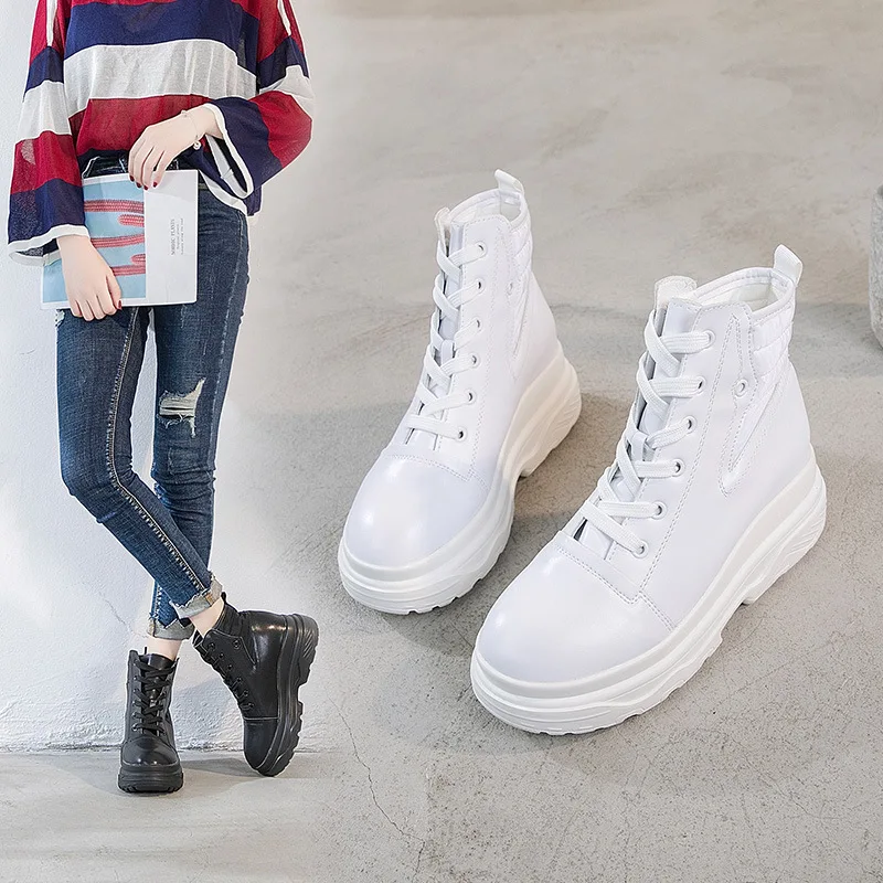 

platform high heel white winter ankle boots for women lace up wedge botas plataforma fashion booties shoes woman round toe TSDFC