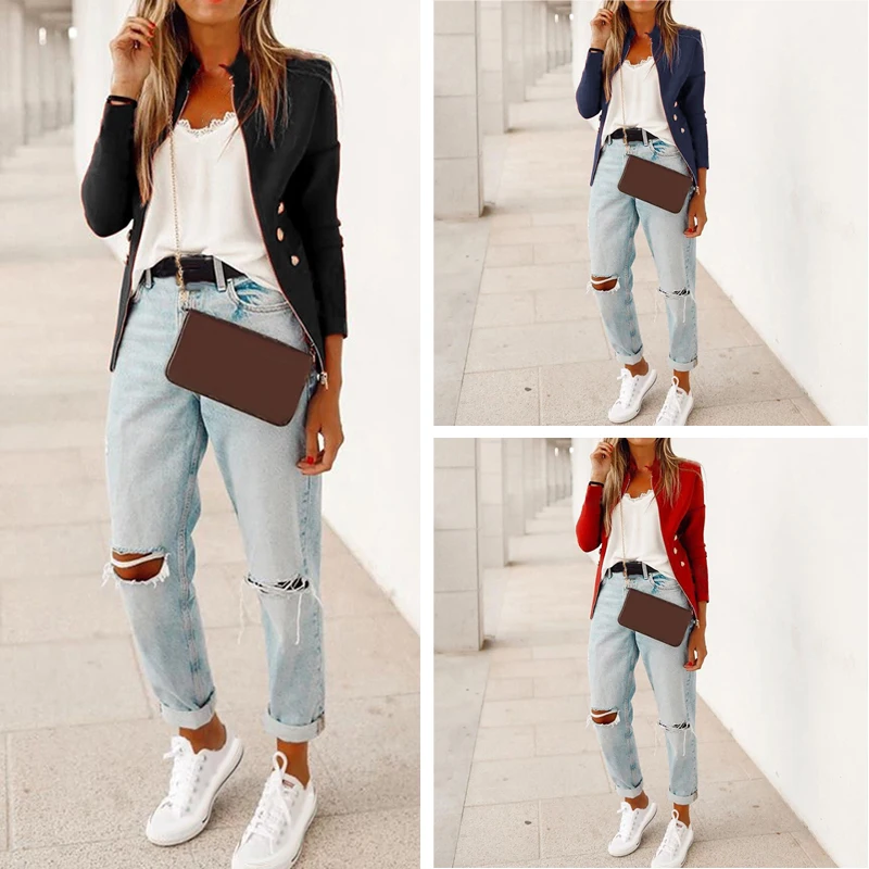Women Slim Suit Coat Office Wear Work Lady Business Casual Fit Long Sleeve Blazer Stand Collar Zipper Button Elegant Coat Ladies