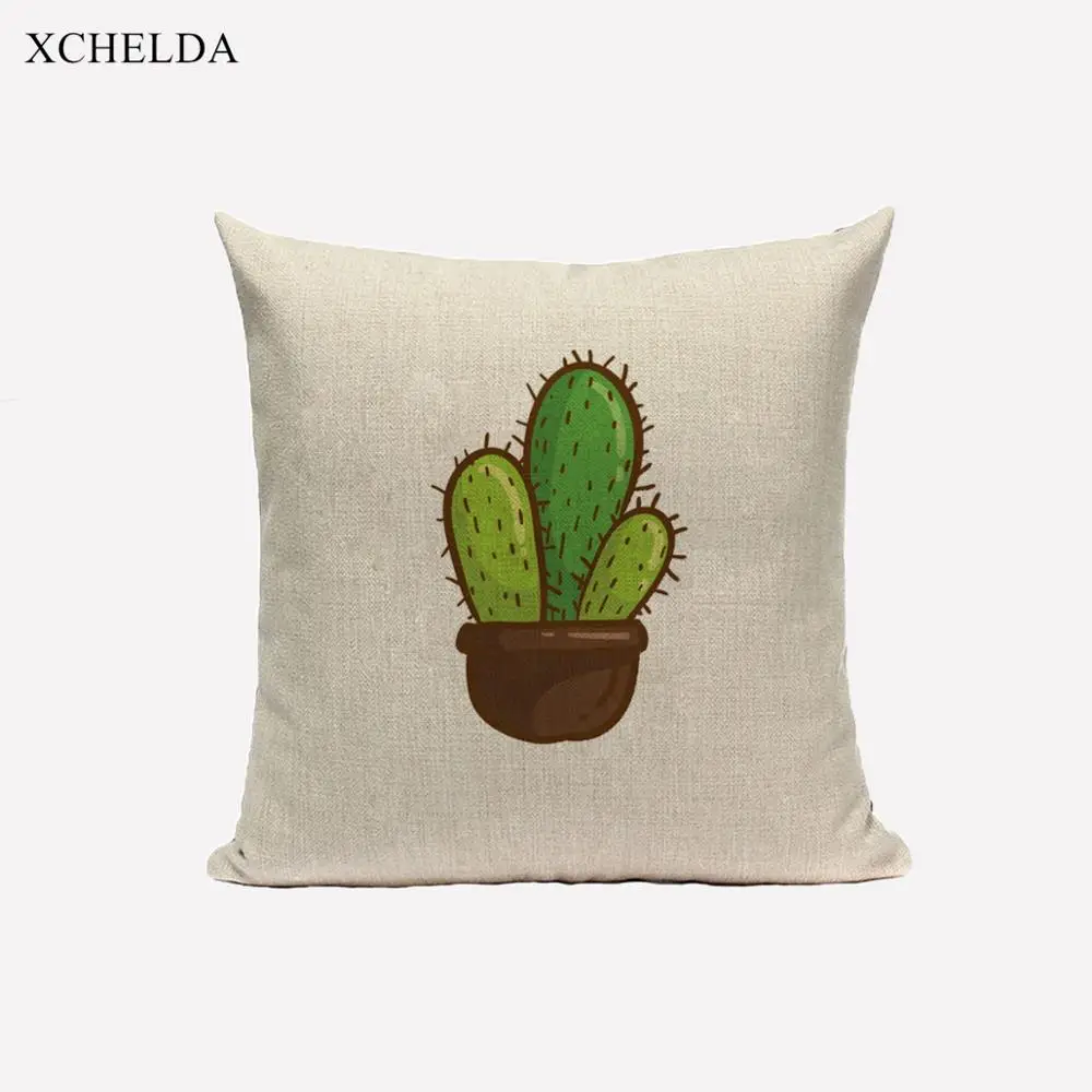 Linen Cushion Cover Beige Cut Tropical Cartoon Cactus Pattern 45*45 Home Decorative Pillow Case Pillowcase for Sofa Car Seat