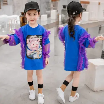 

Cute Cartoon Pig Shape T shirt for Girls 13 to 4 Years Teenage Clothes Lace Tshirt Long Petal Sleeve Kids T-shirt Tops for Girls