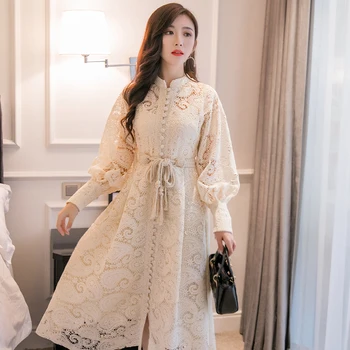 

VICONE autumn new lace hollow out lanterns with long long sleeve cultivate one's morality dress