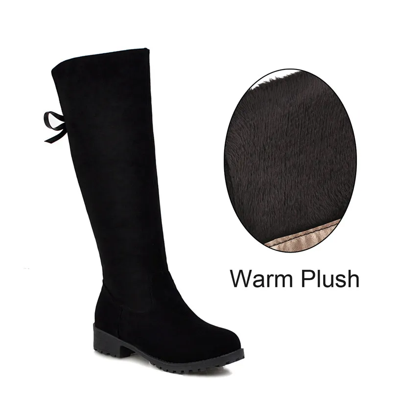 Black Warm Plush Зимние женские сапоги до колена из плюша; цвет черный, красная бабочка; растягивающиеся сапоги из флока на низком квадратном каблуке; повседневные офисные женские сапоги на молнии; высокие сапоги на платформе - Цвет: Black Warm Plush
