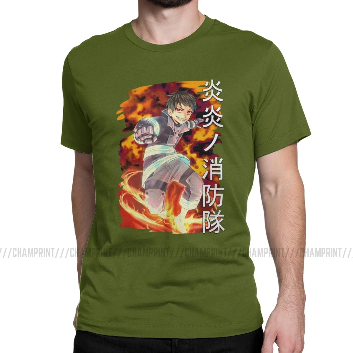 Мужские футболки Shinra Fire Force, пожарный герой, аниме, одежда из чистого хлопка, хипстерские футболки с коротким рукавом, оригинальные футболки - Цвет: Армейский зеленый