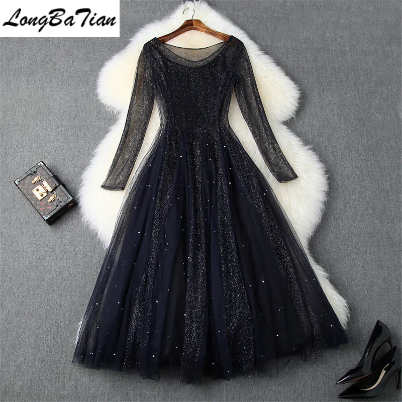 

Medium Long Mesh New Fantasy Starry Sky A Line Women Rhinestone Transparent Full Sleeve O-Neck Party Dress