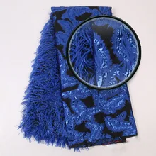 5 ярдов/партия высокое качество жаккардовое кружево Королевский синий парча ткань с пером нигерийский тюль сетка кружево для невесты парча кружево