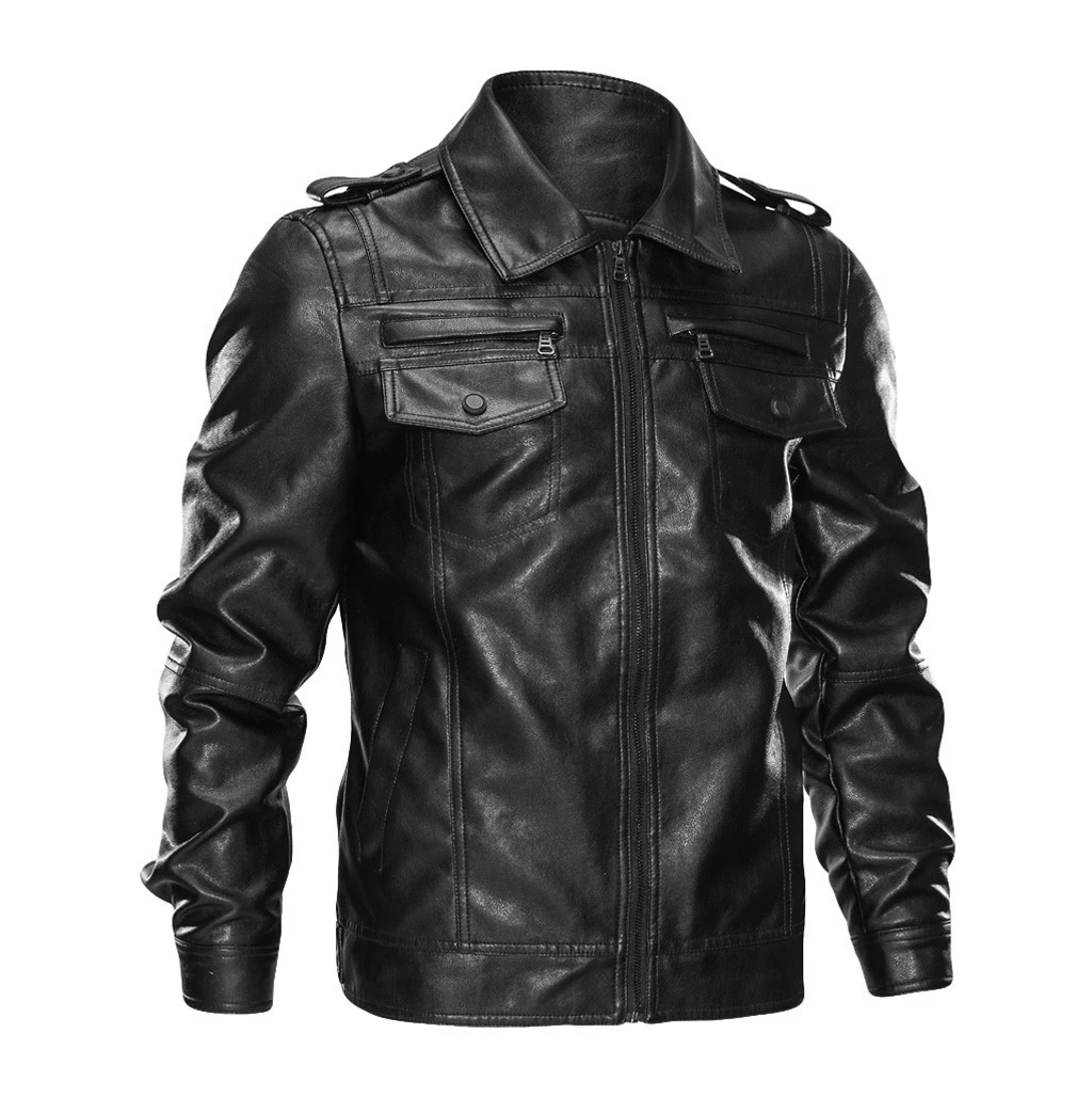 オートバイマフィア免責によるポケット革ジャケットファッションバイカージャケット男性の革のジャケット毛皮のコートの冬ブラックピュアカラージッパー Genuine Leather Coats Aliexpress