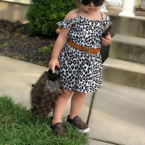 

2020 Baby Summer Clothing 1-6Y Fashion Infant Baby Girls Dress Belt Leopard Print Off Shoulder Knee Length A-Line Dress 1-6Y