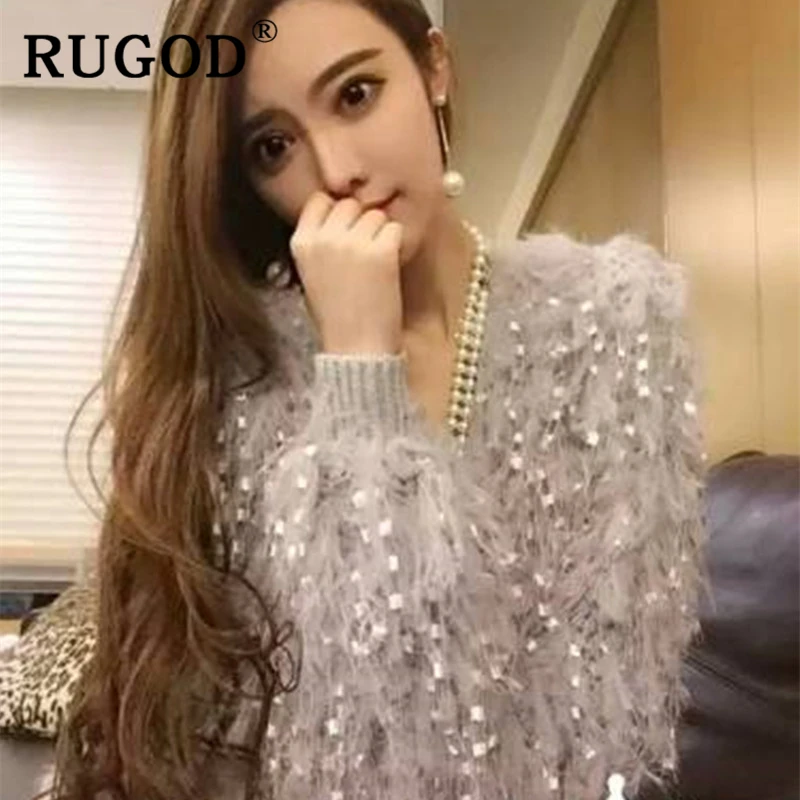 RUGOD элегантная обувь с подвесками на вечерние кардиган для женщин в Корейском стиле; с блестками; с рукавами «летучая мышь» свободный шерстяной кардиган осень джемпер пальто
