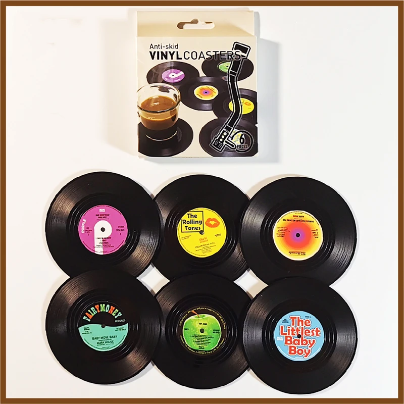 6pcs Anti-slip Retro Cup Mat Vinyl Record Coasters Music Drink Holder Mug Table Placemat Heat-resistant Non Slip ROCKABILLY