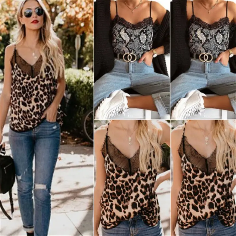 

Summer Women Sexy Lace Tops Sleeveless V Neck Leopard Print Snake Print Camis Lace Patchwork Slim Club Party Top Camisole