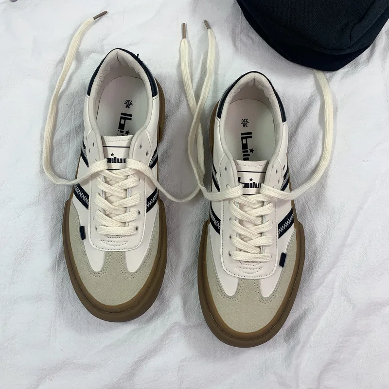Baskets Rétro Femme En Cuir - Semelle Caoutchouc - Confortables Et Tendance - Pour Tennis, Skate, Quotidien