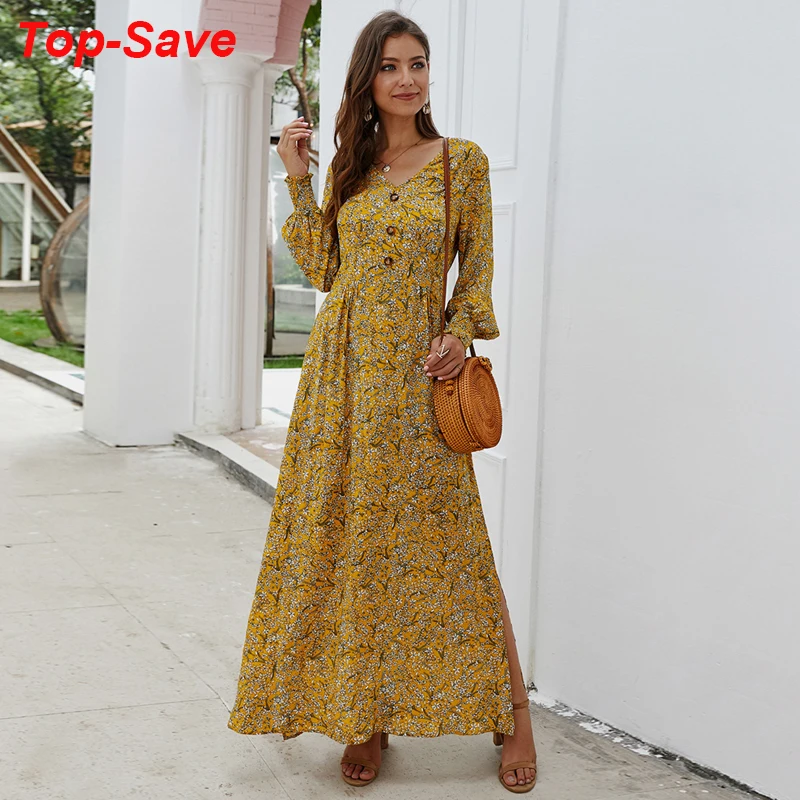 

Elegant Ceremony Long Party Dresses For Women Clothing High Waist Split Women's Dress Large Size 2019 Autumn Winter Floral Dress