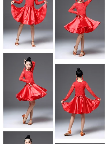 Новинка; платье для латинских танцев для девочек; кружевное платье с длинными рукавами; Стандартные платья для бальных танцев для детей; одежда для выступлений; одежда для сальсы; - Цвет: Красный