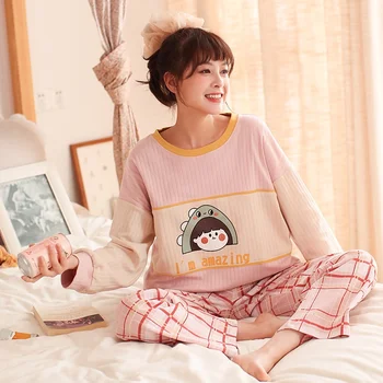 

New 2 Pieces Home Wear Set Lady Lovely Cute Plaid Cartoon Pattern Pajamas Suit Loose Casual Long Sleeves Top And Pants