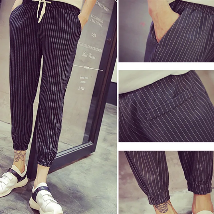 

Thin Stripes Harem Pants 9 Points Ankle Banded Pants Slim Fit Skinny Pants Spring Summer Capri Casual Pants Men's