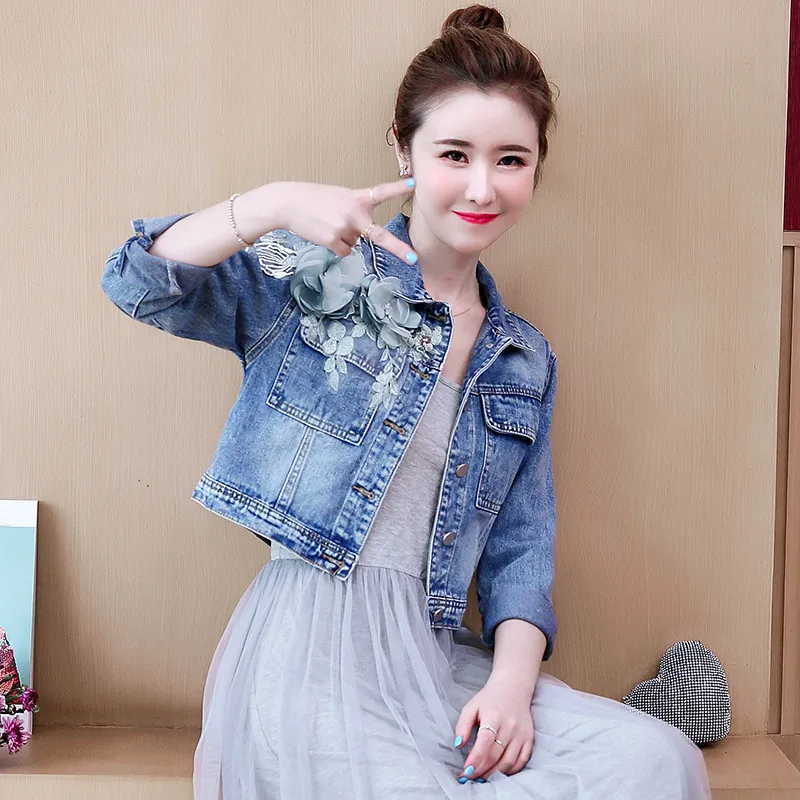 

Spring Harajuku Plus size 3D Flowers Slim Blue Washed Denim jacket Women Casual Kurtka jeansowa damska Autumn Short Jean jacket