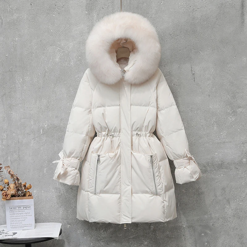 

2020 Winter 90% White Duck Down Parka Women Large Natural Fur Collar Hooded Down Jacket Female Warm Sash Tie Up Coats