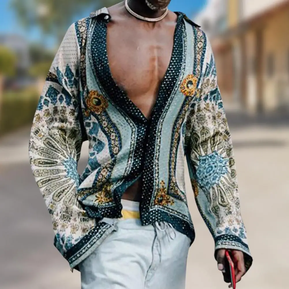 Men Ethnic Style Regular Shirt Printed Buttons Summer Casual All-Match Long Sleeve Lapel Top Party long sleeve shirt men casual shirt