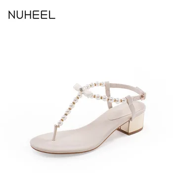 

NUHEEL Women's Shoes Summer New Sandals Banquet Wedding Style Wild Pearl Decoration Thick Heel Shoes Women туфли женские