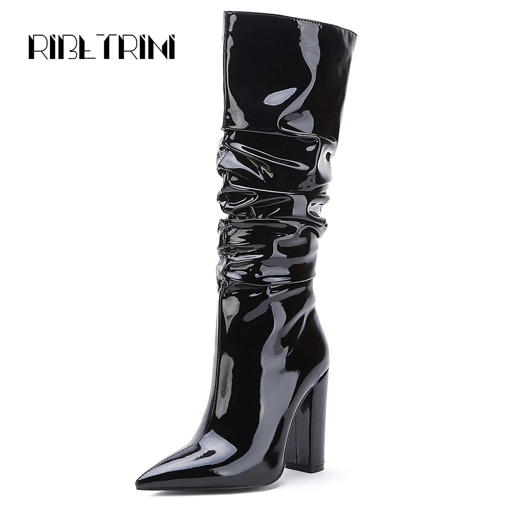 

RIBETRINI Fashion Women Patent Leather Knee Boots 2019 Sexy Pointed Toe Chunky High Heel Shoes Woman Party Wedding Queen Boots