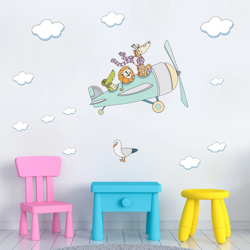 

Lovely Animals Airplane Combat Aircraft Glider Wall Sticker Cartoon Cloud Decals For Kids Room Nursery Vinyl Home Art Decoration