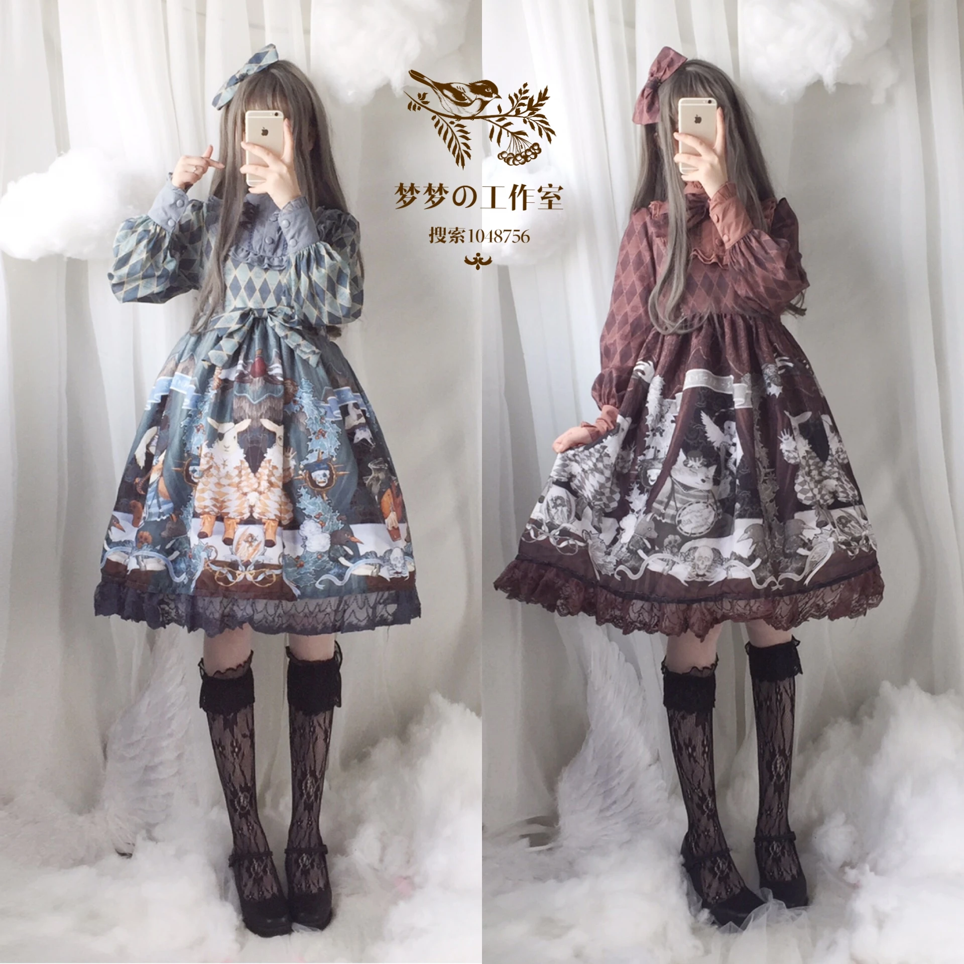 

Japanese Women Retro Sweet Long sleeve Lolita Dress Dark Gothic Punk Goat Print Bowknot lolita Young Girl OP Dress Daily Costume