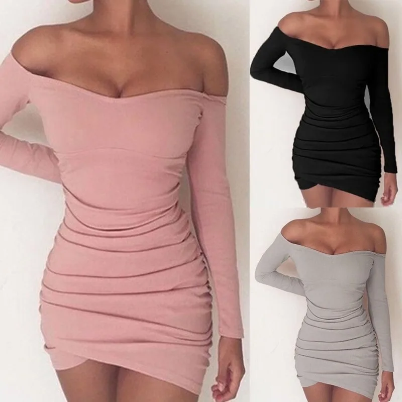 

New Fashion Women Casual Slash Neck Off the Shoulder Solid Ruffle Pullover Sexy Dress