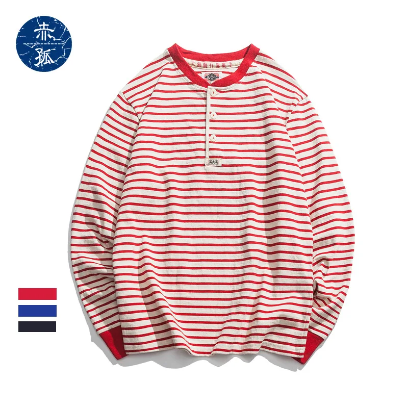 

2022 Henley Collar Tee Men's Sailor's Striped Shirt Long Sleeve T-shirt Tops
