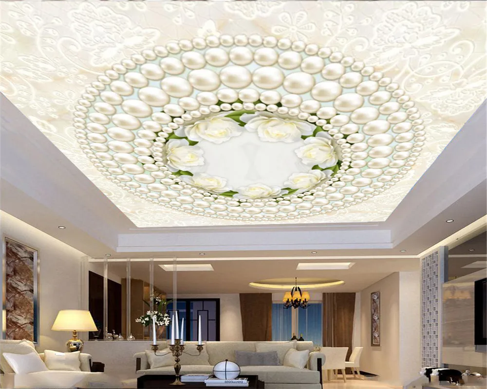 

Home Improvement Wallpaper Crystal White Pearls and Delicate Flowers Simple and Clear Interior Ceiling Wallpaper