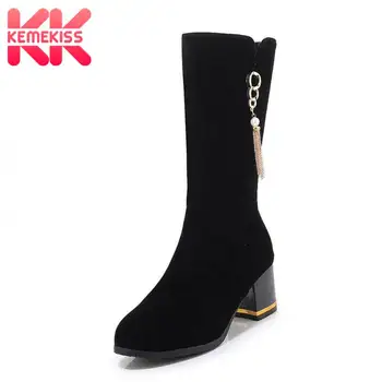 

KemeKiss Plus Size 33-46 Women Knee High Boots Zipper High Heels Winter Warm Fur Shoes Women String Beads Office Long Boots